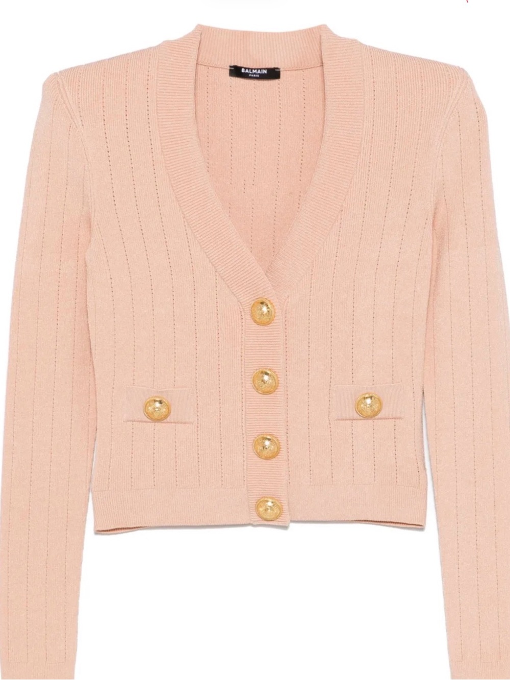 Balmain Peach Ribbed V-Neck Cardigan with Gold Buttons